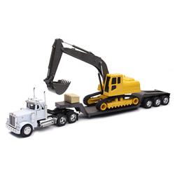 NEW11283C 1 by 32 Scale New-Ray - Peterbilt 379 Model Truck with Lowboy Trailer Hauling An Excavator, White & Yellow -  B2B Replicas