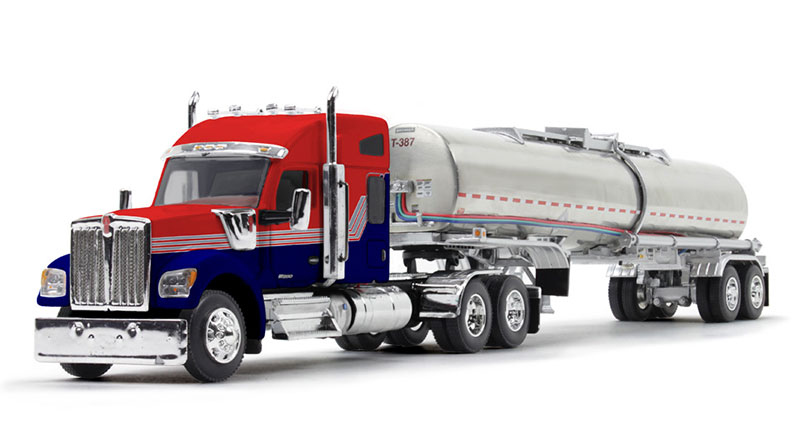 B2Breplicas DCP60-1731 1-64 Scale DCP - Kenworth W990 Model Truck with 76 in. Mid-Roof Sleeper & Brenner Chemical Tank Trailer, Red & Navy Blue -  B2B Replicas