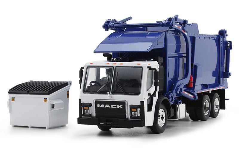 B2Breplicas DCP60-1797 1-64 Scale DCP - Mack LR Refuse Model Truck with McNeilus Meridian Front Loader & Trash Bin, Blue & White -  B2B Replicas