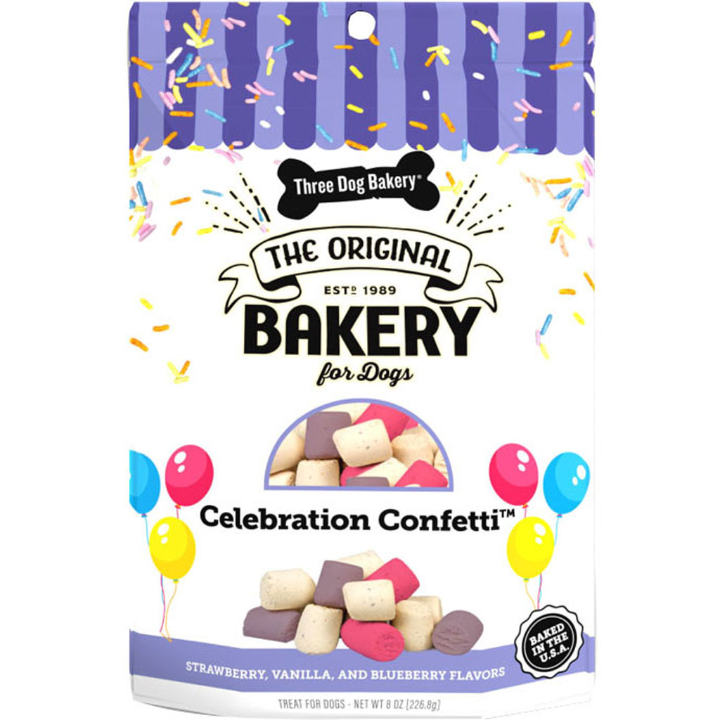 Picture of Three Dog Bakery 114340 8 oz Celebration Confetti Bites Dog Cookies - Strawberry & Blueberry - Case of 8