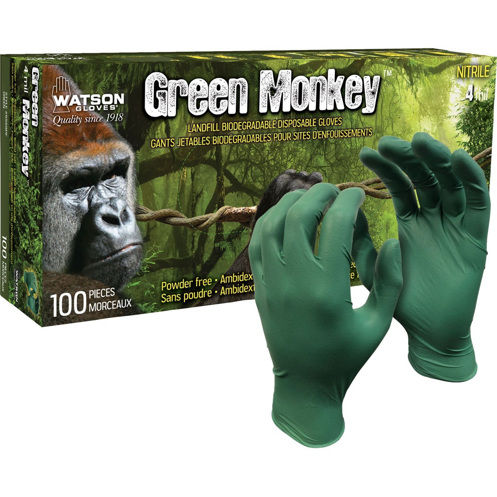 Green Monkey, Disposable Gloves, 4 mil Palm, Biodegradable Nitrile, Powder-Free, XXL, 50 PK, Green