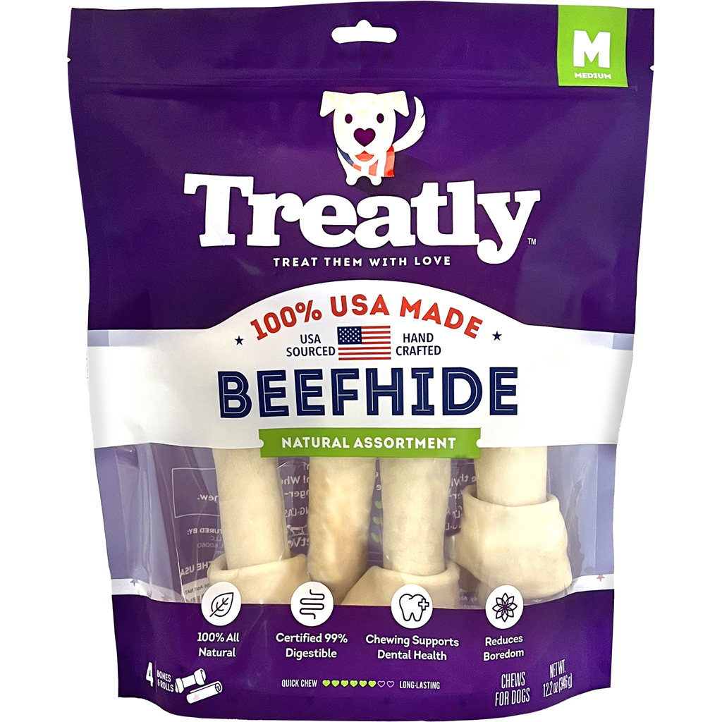 Picture of Treatly 12136 100 Percent USA Beef Hide Bones & Rolls - Natural - Medium - 4 per Pack - Case of 5
