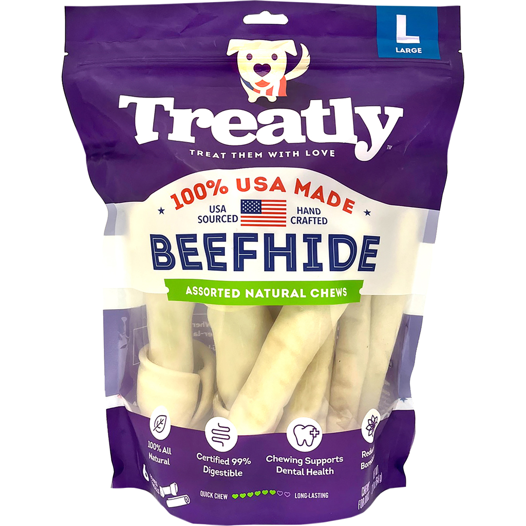 Picture of Treatly 12140 100 Percent USA Beef Hide Bones & Rolls - Natural - Large - Pack of 6 - Case of 5