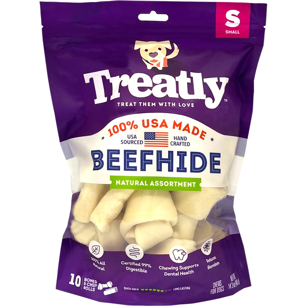 Picture of Treatly 12132 100 Percent USA Beefhide Bones & Rolls - Natural - Small - 10 per Pack - Pack of 10