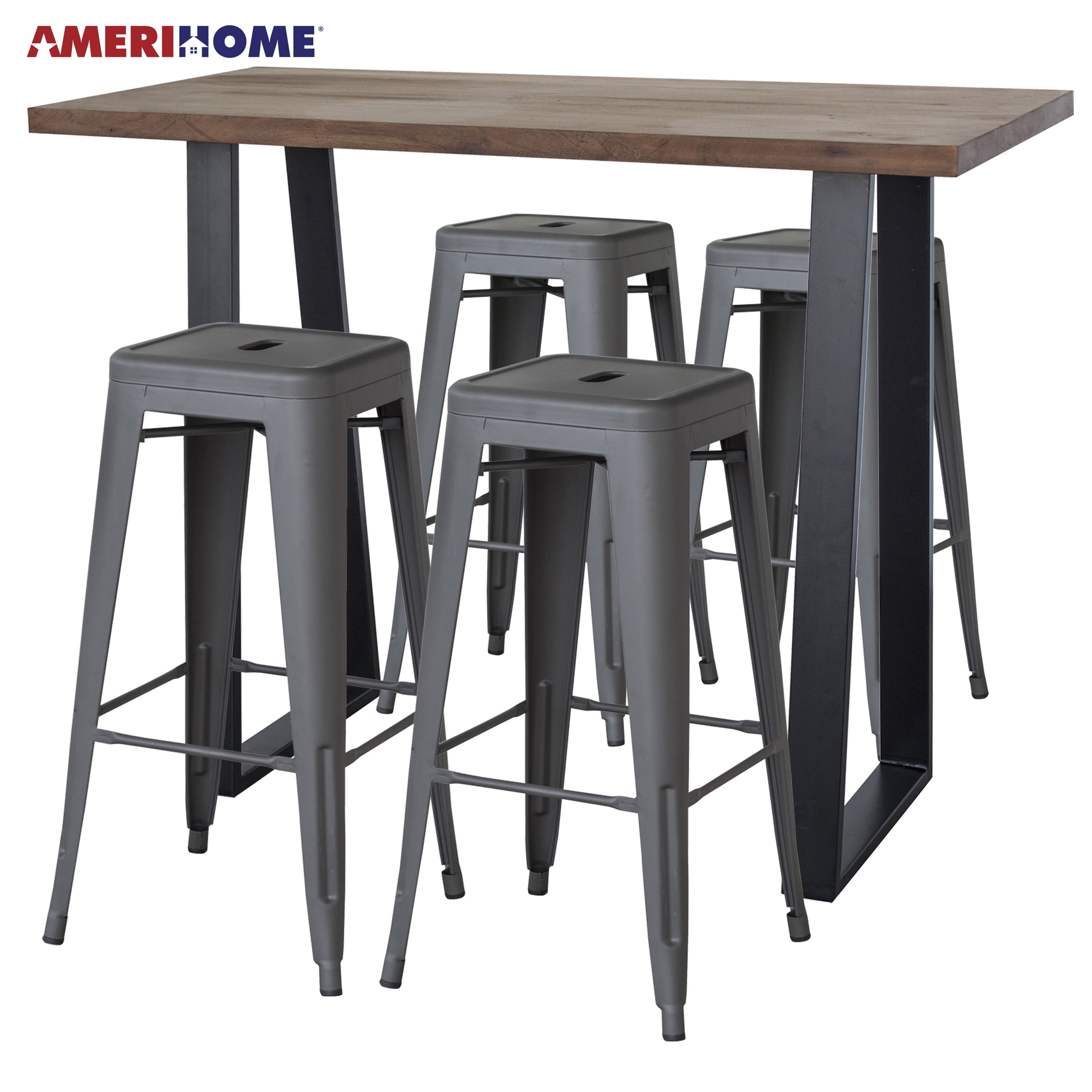 Picture of AmeriHome AWBTGMZ4 Acacia Wood Top Bar Height Pub Set with Matte Dark Pewter Bar Stools - Silver&#44; Black & Natural Wood - 5 Piece