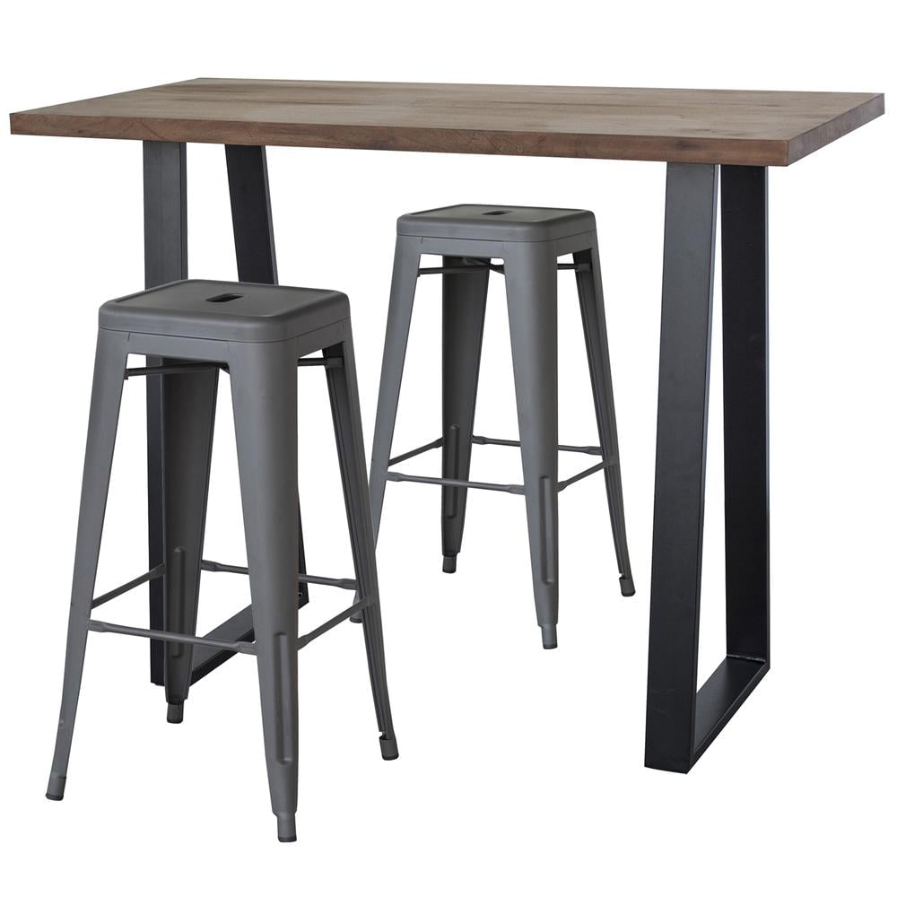 Picture of AmeriHome AWBTGMZ2 Acacia Wood Top Bar Height Pub Set with Matte Dark Pewter Bar Stools - Silver&#44; Black & Natural Wood - 3 Piece