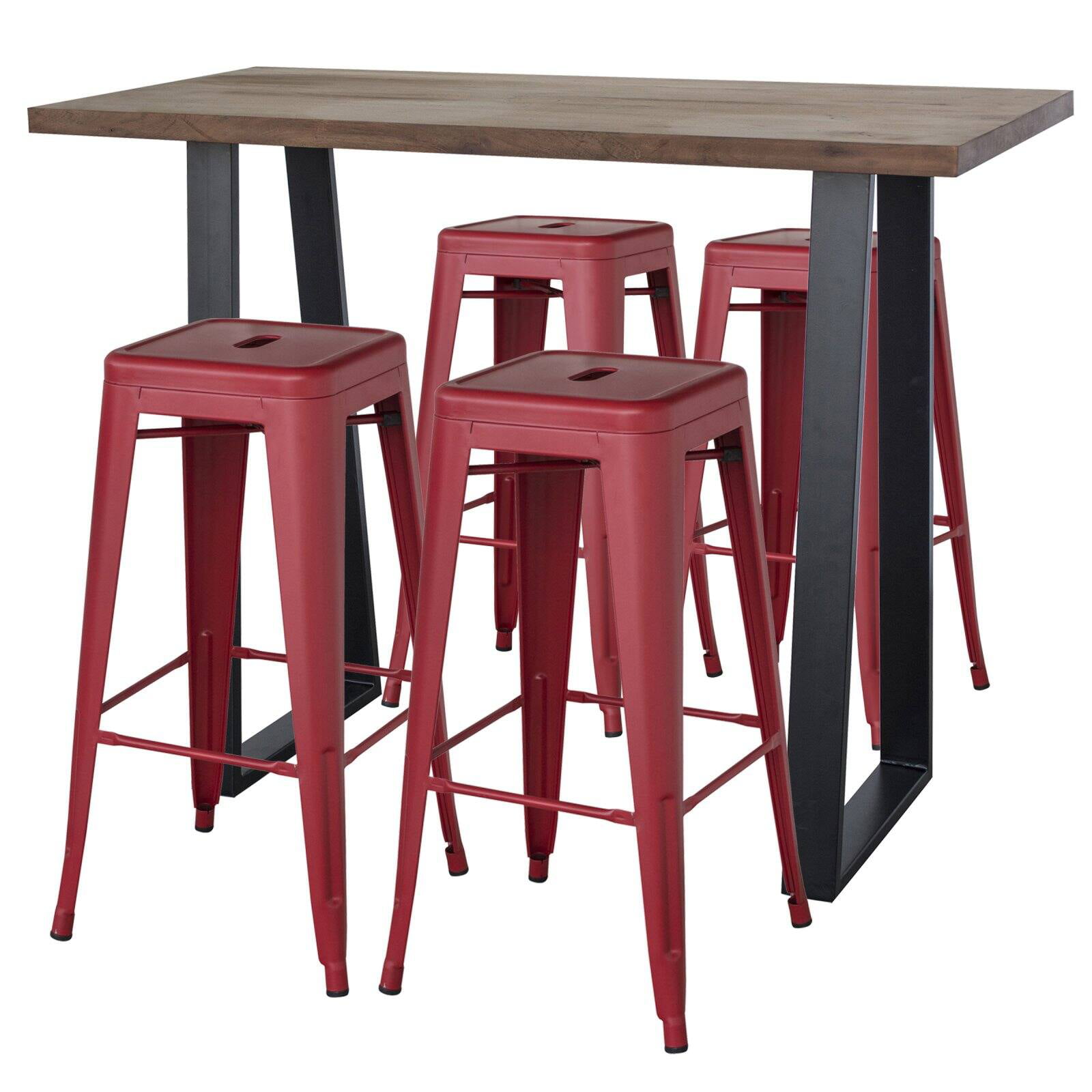 Picture of AmeriHome AWBTRZ4 Acacia Wood Top Bar Height Pub Set with Matte Red Bar Stools - Red&#44; Black & Natural Wood - 5 Piece