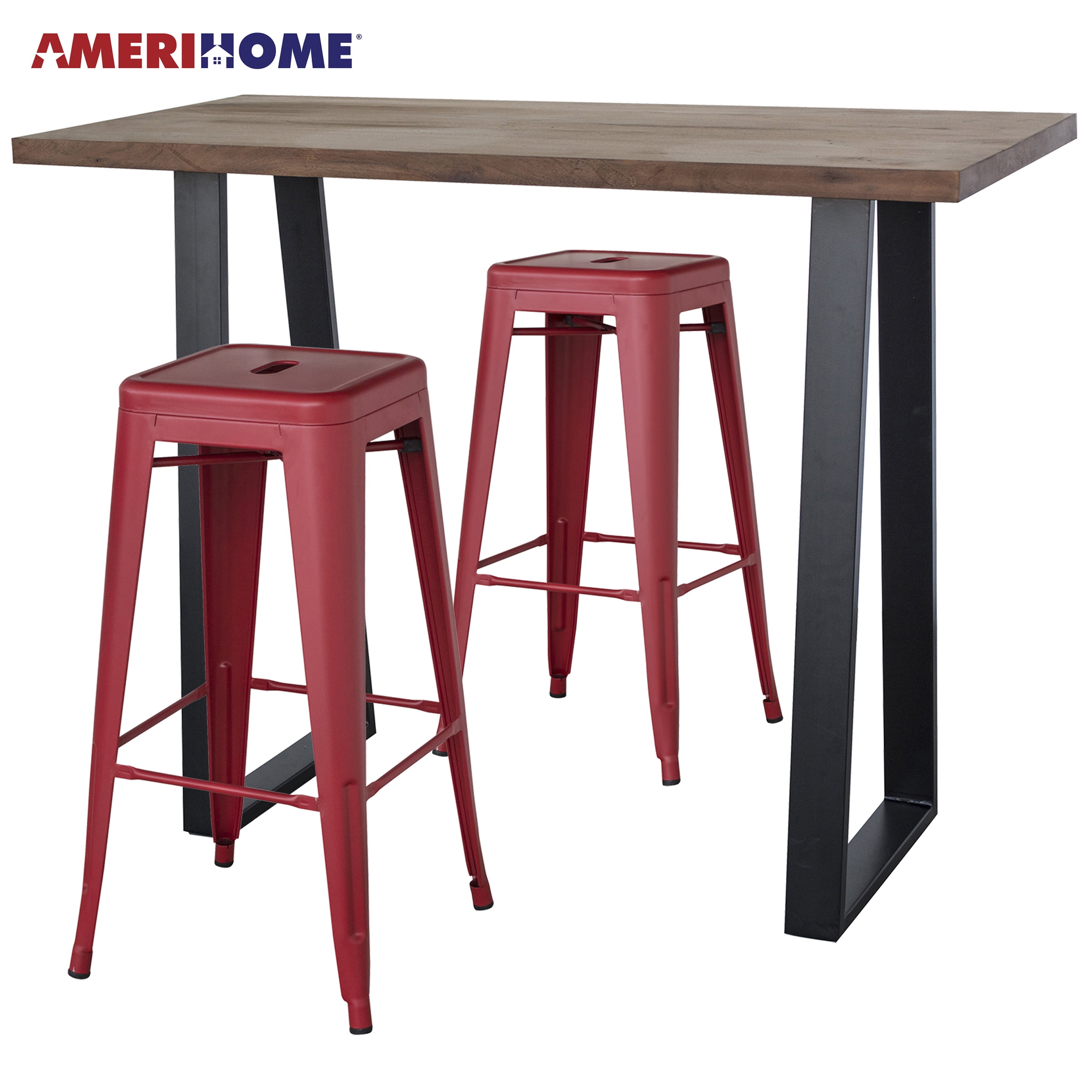 Picture of AmeriHome AWBTRZ2 Acacia Wood Top Bar Height Pub Set with Matte Red Bar Stools - Red&#44; Black & Natural Wood - 3 Piece