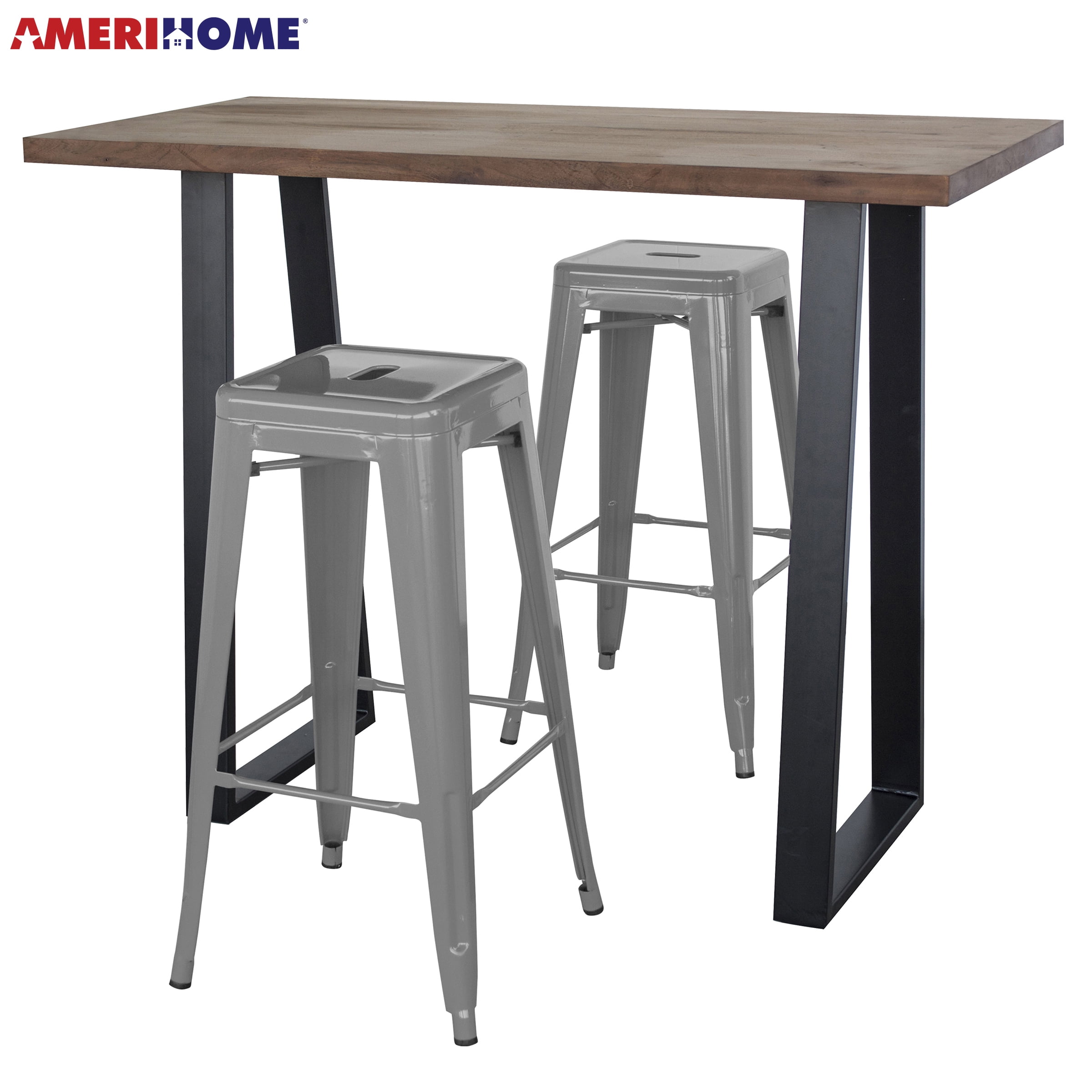 Picture of AmeriHome AWBTG2 Acacia Wood Top Bar Height Pub Set with Silver Bar Stools - Silver&#44; Black & Natural Wood - 3 Piece