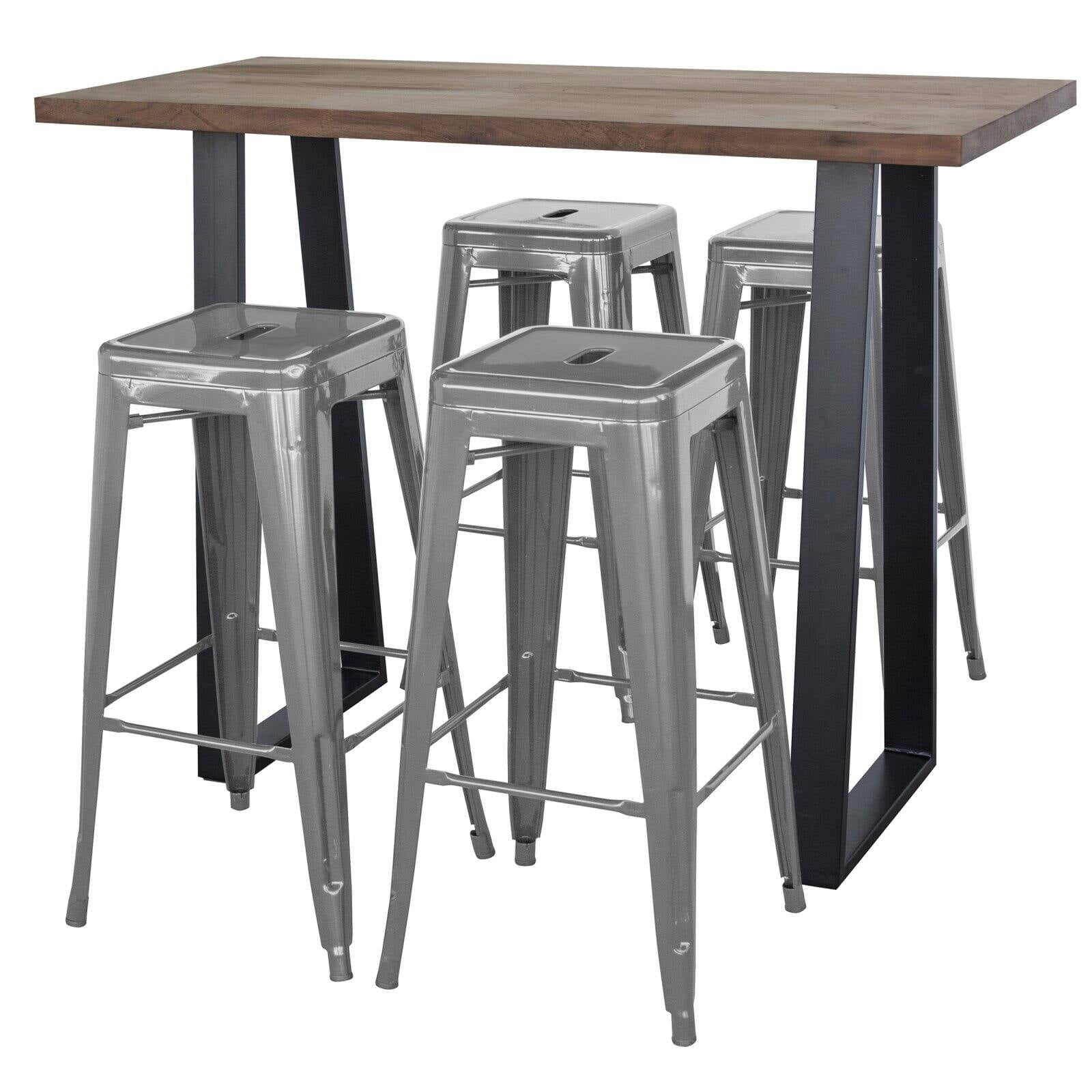 Picture of AmeriHome AWBTG4 Acacia Wood Top Bar Height Pub Set with Silver Bar Stools - Silver&#44; Black & Natural Wood - 5 Piece