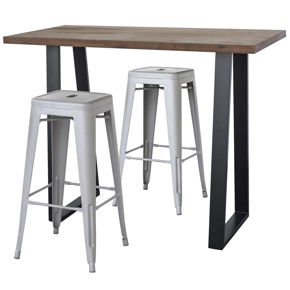 Picture of AmeriHome AWBTGZ2 Acacia Wood Top Bar Height Pub Set with Matte Silver Bar Stools - Silver&#44; Black & Natural Wood - 3 Piece