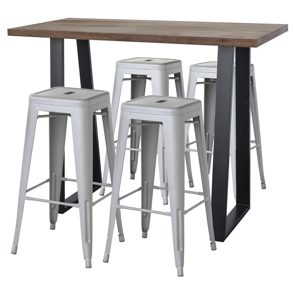 Picture of AmeriHome AWBTGZ4 Acacia Wood Top Bar Height Pub Set with Matte Silver Bar Stools - Silver&#44; Black & Natural Wood - 5 Piece