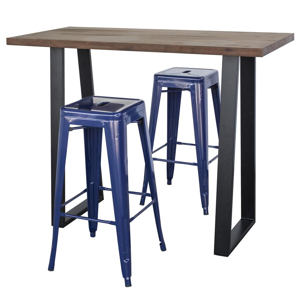 Picture of AmeriHome AWBTBL2 Acacia Wood Top Bar Height Pub Set with Blue Bar Stools - Blue&#44; Black & Natural Wood - 3 Piece