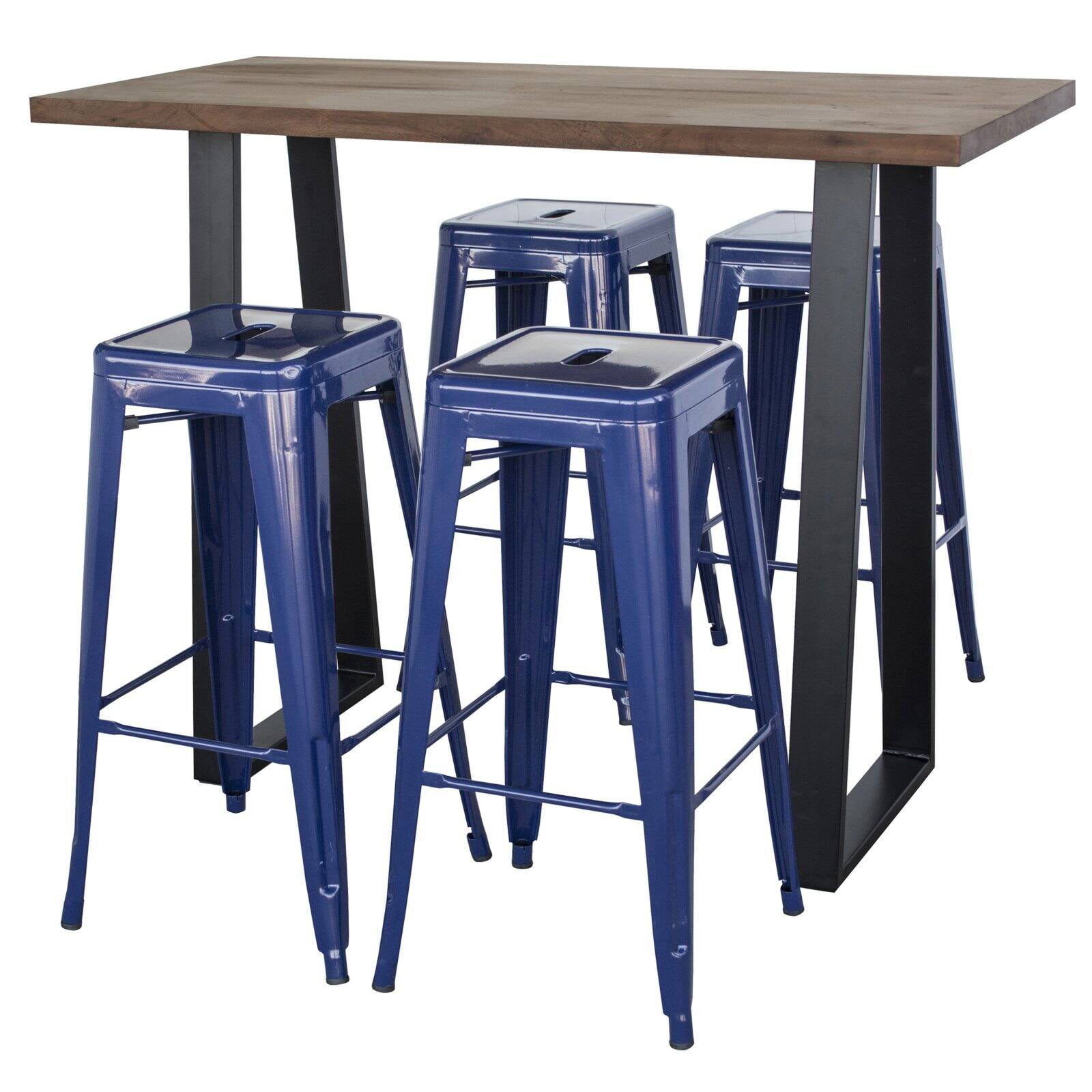 Picture of AmeriHome AWBTBL4 Acacia Wood Top Bar Height Pub Set with Blue Bar Stools - Blue&#44; Black & Natural Wood - 5 Piece