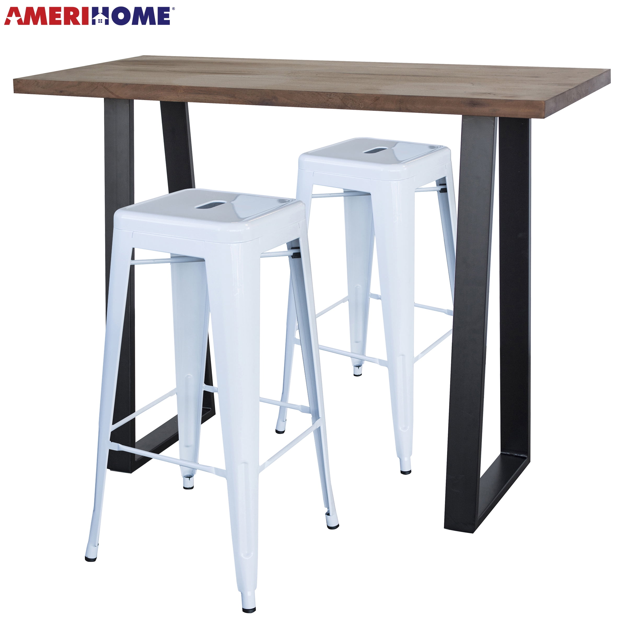 Picture of AmeriHome AWBTW2 Acacia Wood Top Bar Height Pub Set with White Bar Stools - White&#44; Black & Natural Wood - 3 Piece