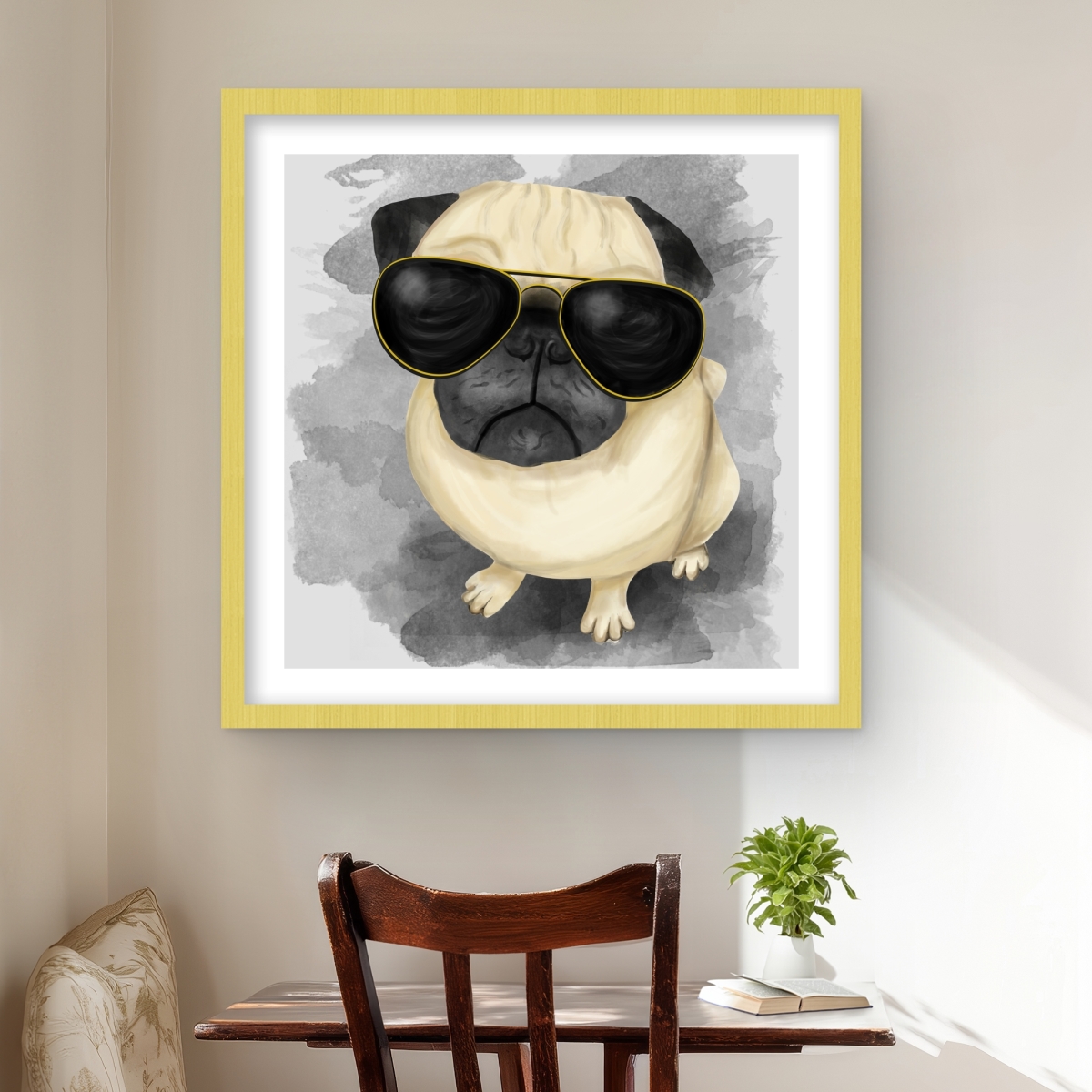 C1FM2424D0DXKC 24 x 24 in. Pug with Style - Framed Matted Print Wall Art for Dog Bedroom Decor