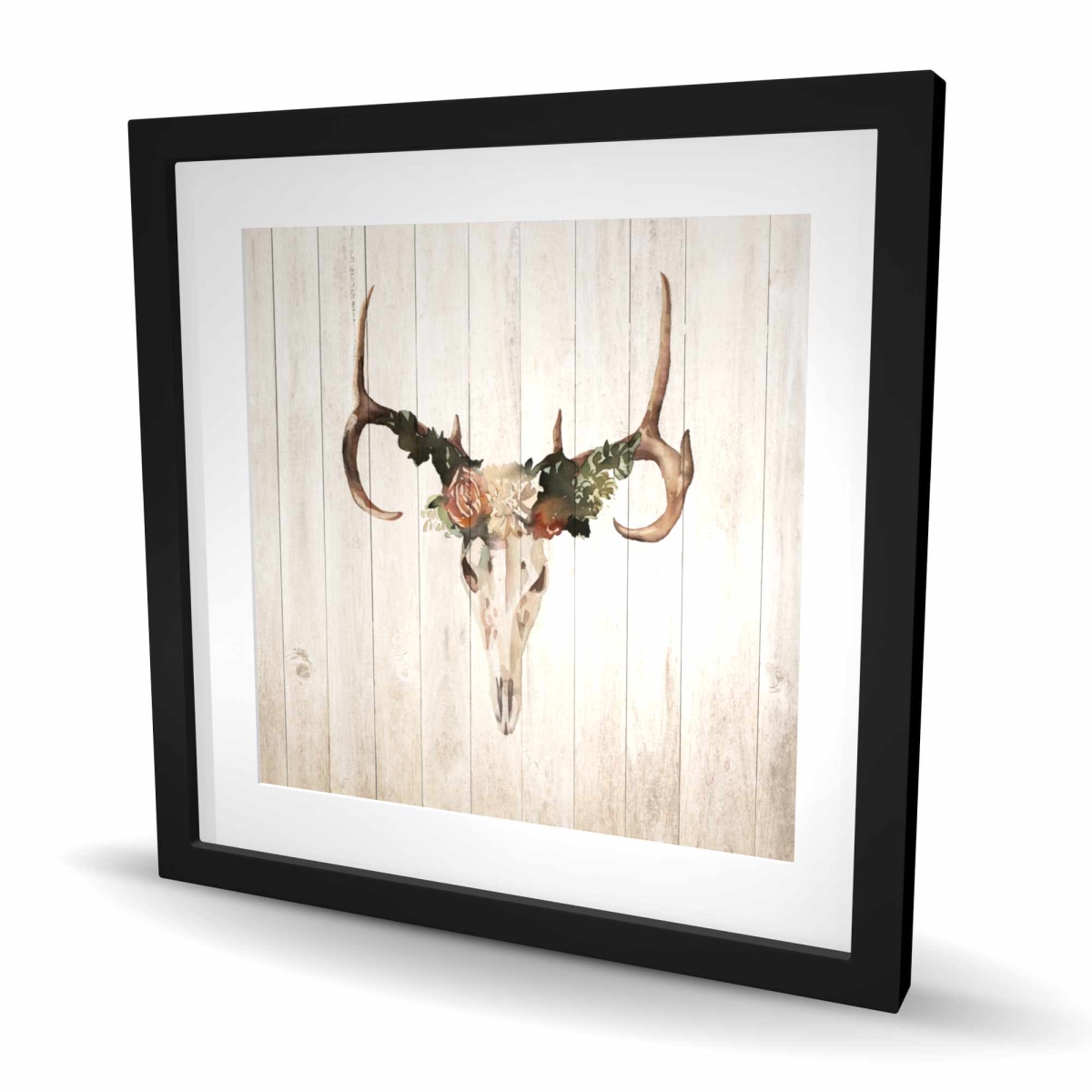 C1FM2424DA4UE7 24 x 24 in. Mule Deer Skull with Roses Wall Art - Rustic Bathroom Decor Print