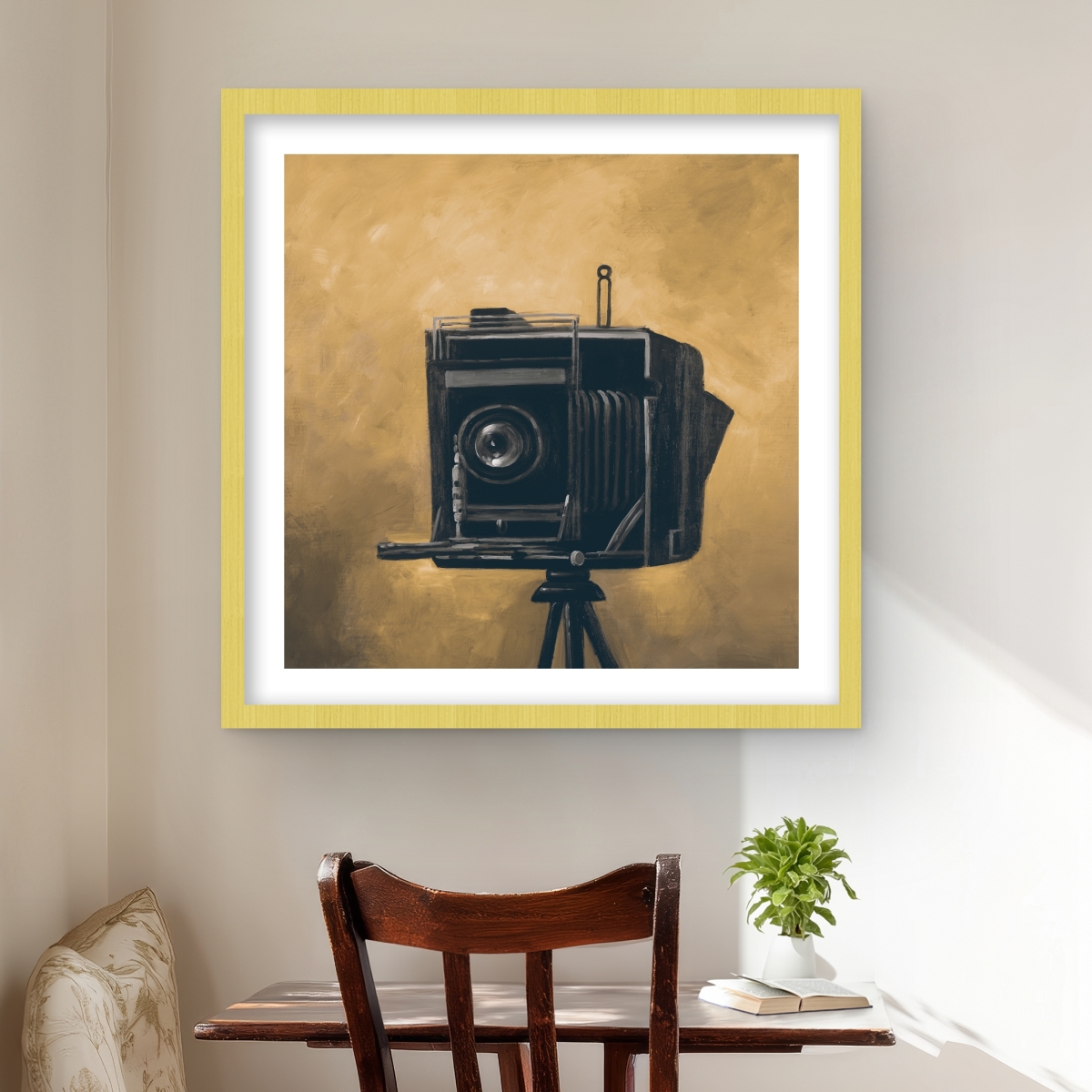 C1FM2424GWW9SM 24 x 24 in. Vintage Camera Gold Still Life Framed Print Wall Art - Home Decor
