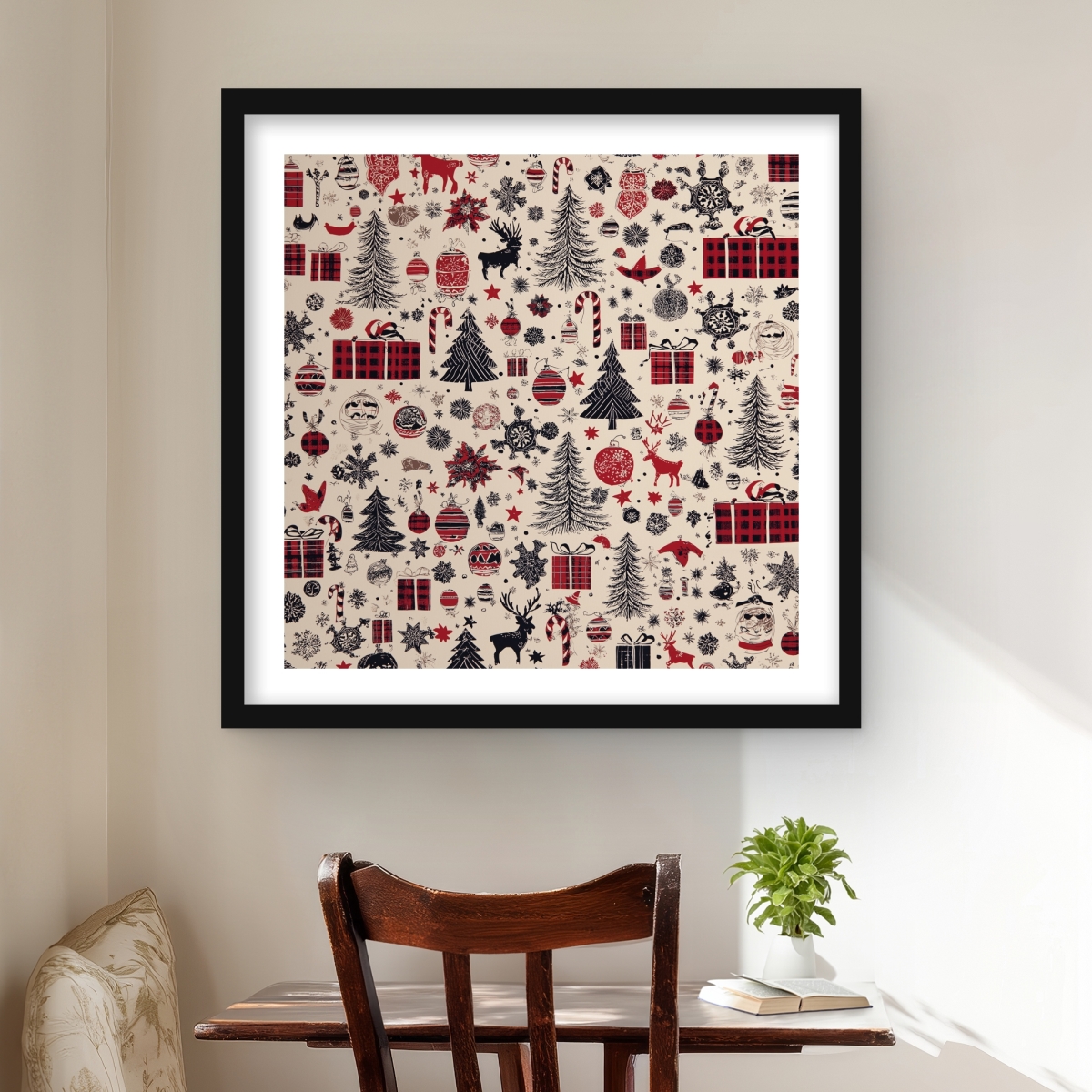 C1FM2424NH9E3N 24 x 24 in. Christmas Gift Pattern Red Framed Matted-Print Wall Art - Home Decor