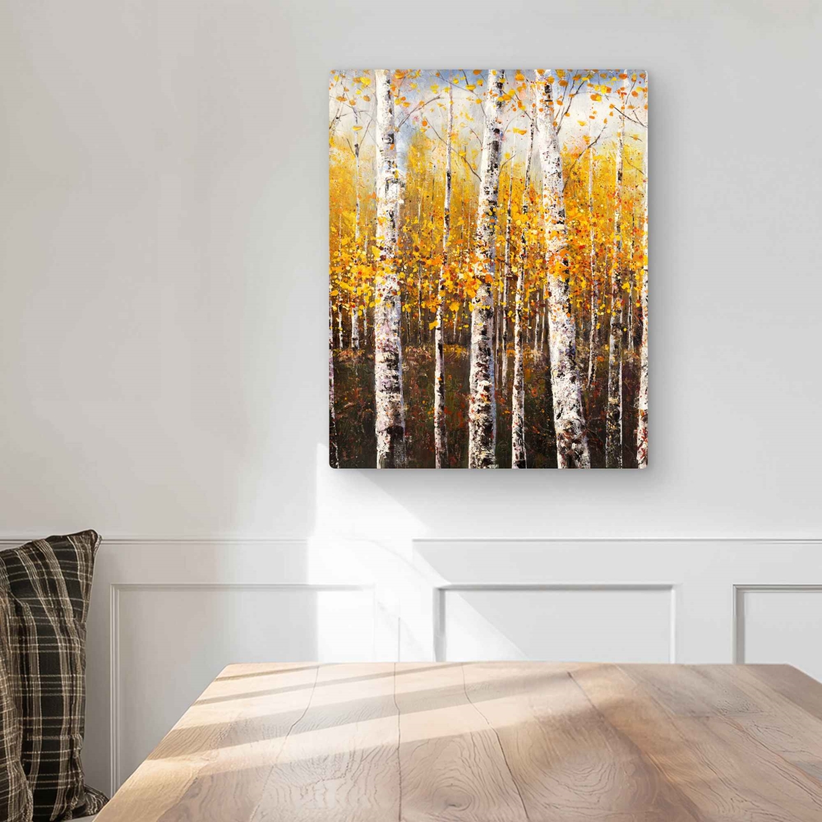 C1MP1620S0REBY 16 x 20 in. Birches by Sunny Day - Contemporary Orange Metal-Print Wall Art