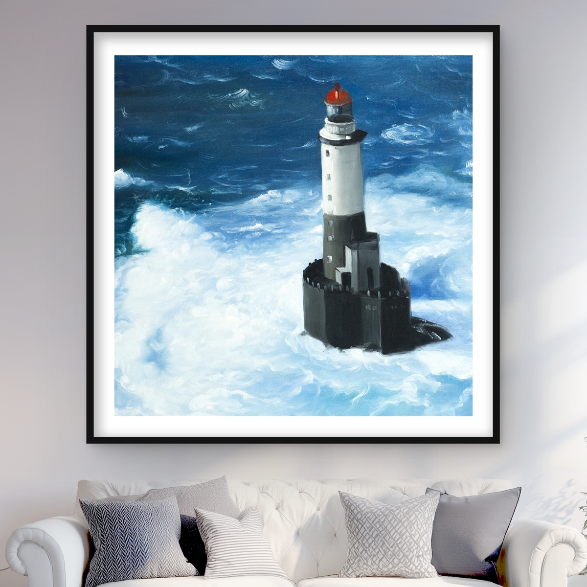 C1FM484831FCAT 48 x 48 in. Unleashed Waves On A Lighthouse Wall Art - Hyperrealist Bathroom Art