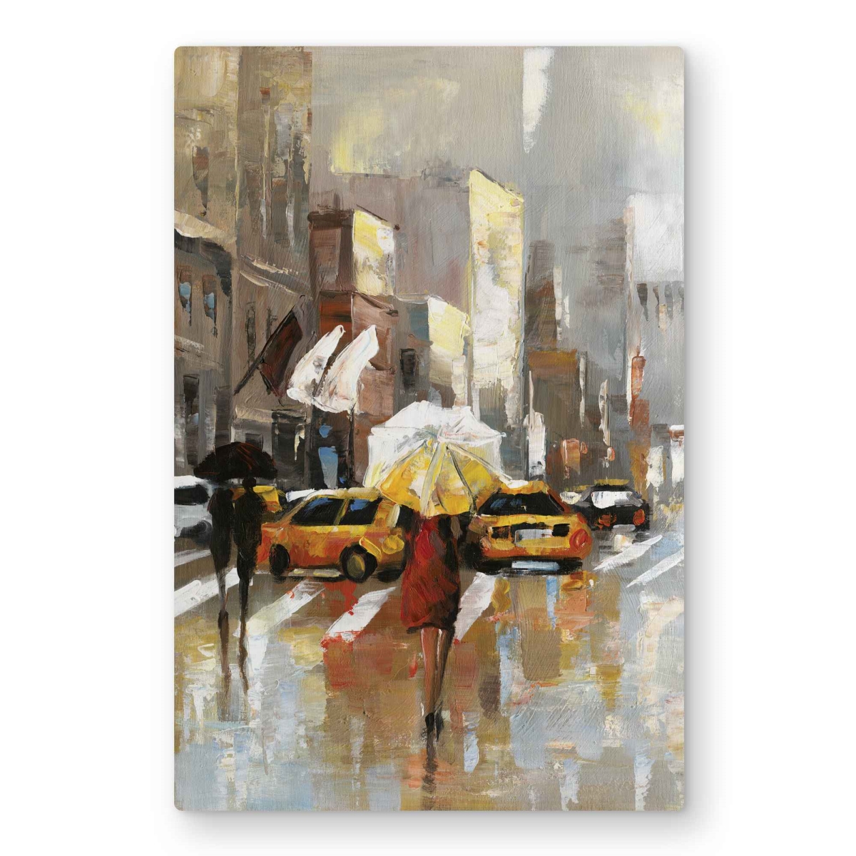 C1MP20303A0KE3 20 x 30 in. People with Umbrellas Walking Across Street Wall Art - Red Metal Print