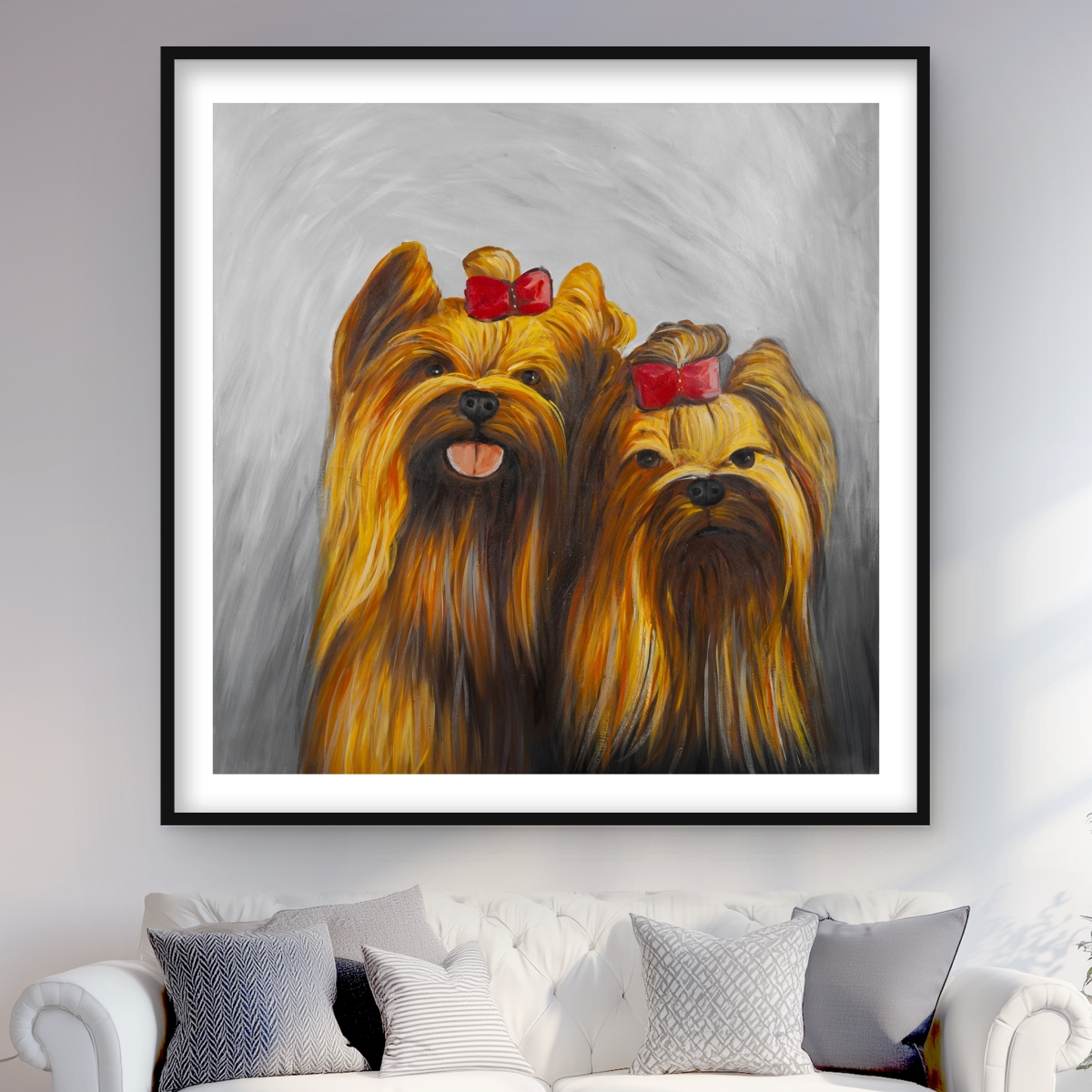 C1FM4848ROAZH8 Two Dogs with Bow Tie Framed Print Wall Art - Gray Background Decor - 48 x 48 in.