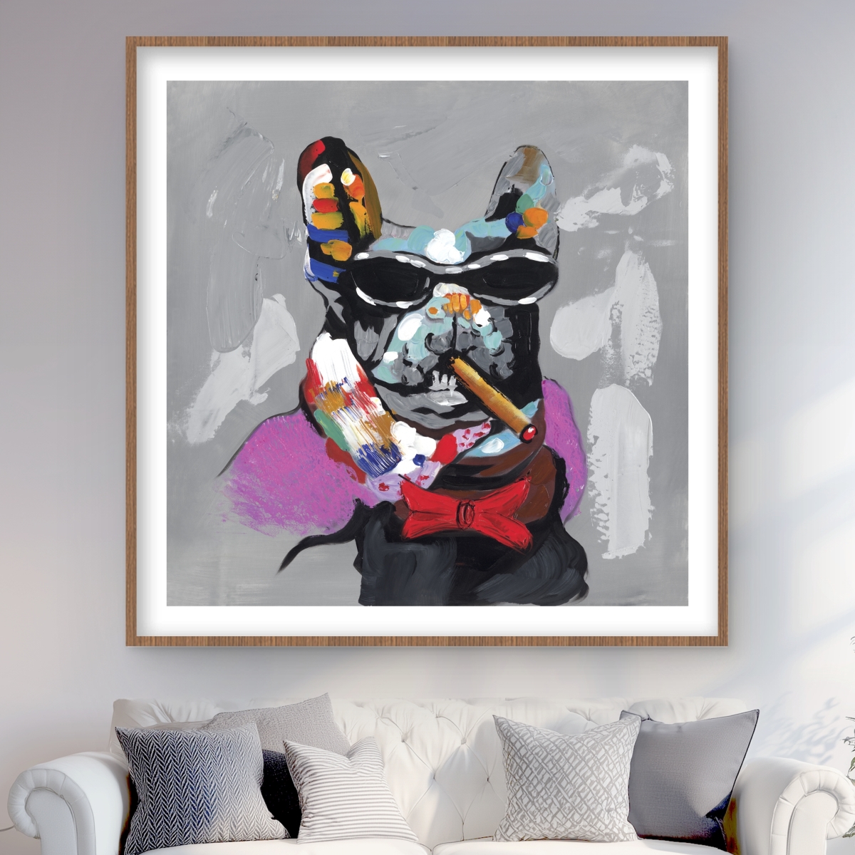 C1FM484829TOOV 48 x 48 in. Abstract Bulldog with Cigar - Pink Framed Print Wall Art for Man Cave