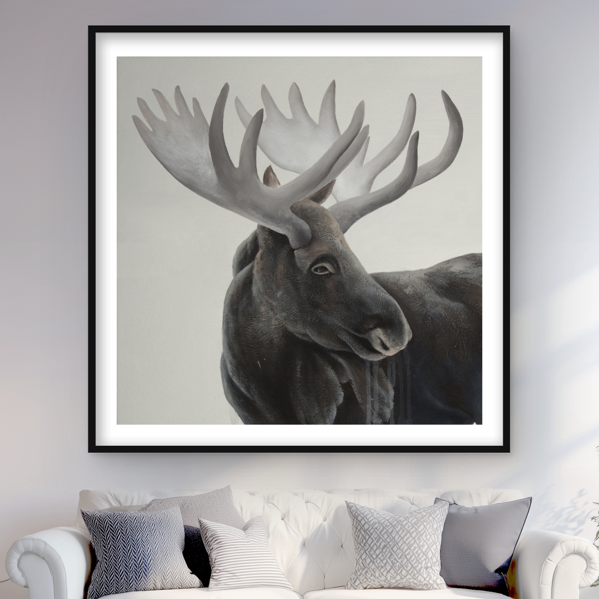 C1FM4848C9QYK3 48 x 48 in. Grayscale Moose Profile - Rustic Framed Print Wall Art for Home Decor