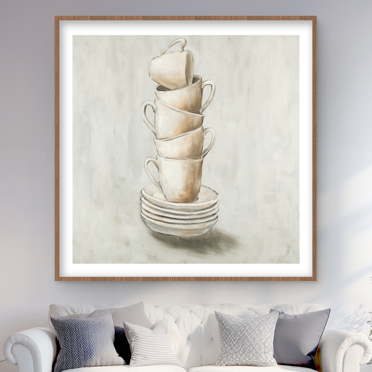 C1FM4848CYJMCO 48 x 48 in. Stacked Cups - Beige Kitchen Framed Matted Print Wall Art for Decor