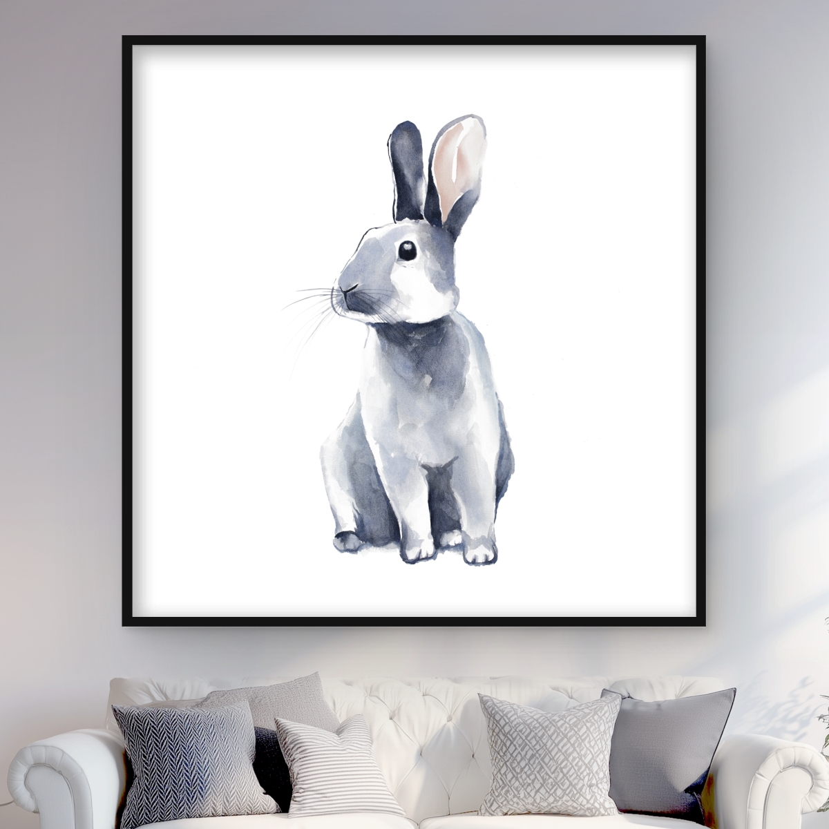 C1FM4848FBLSEI Gray Curious Rabbit - Framed Matted Print Wall Art for Home Decor - 48 x 48 in.