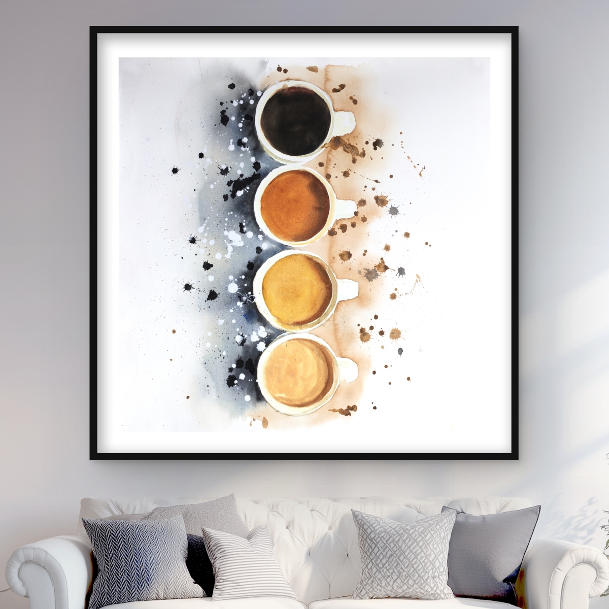 C1FM4848OWWTDU 48 x 48 in. Four Cups of Coffee with Paint Splash - Framed Matted Print Wall Art