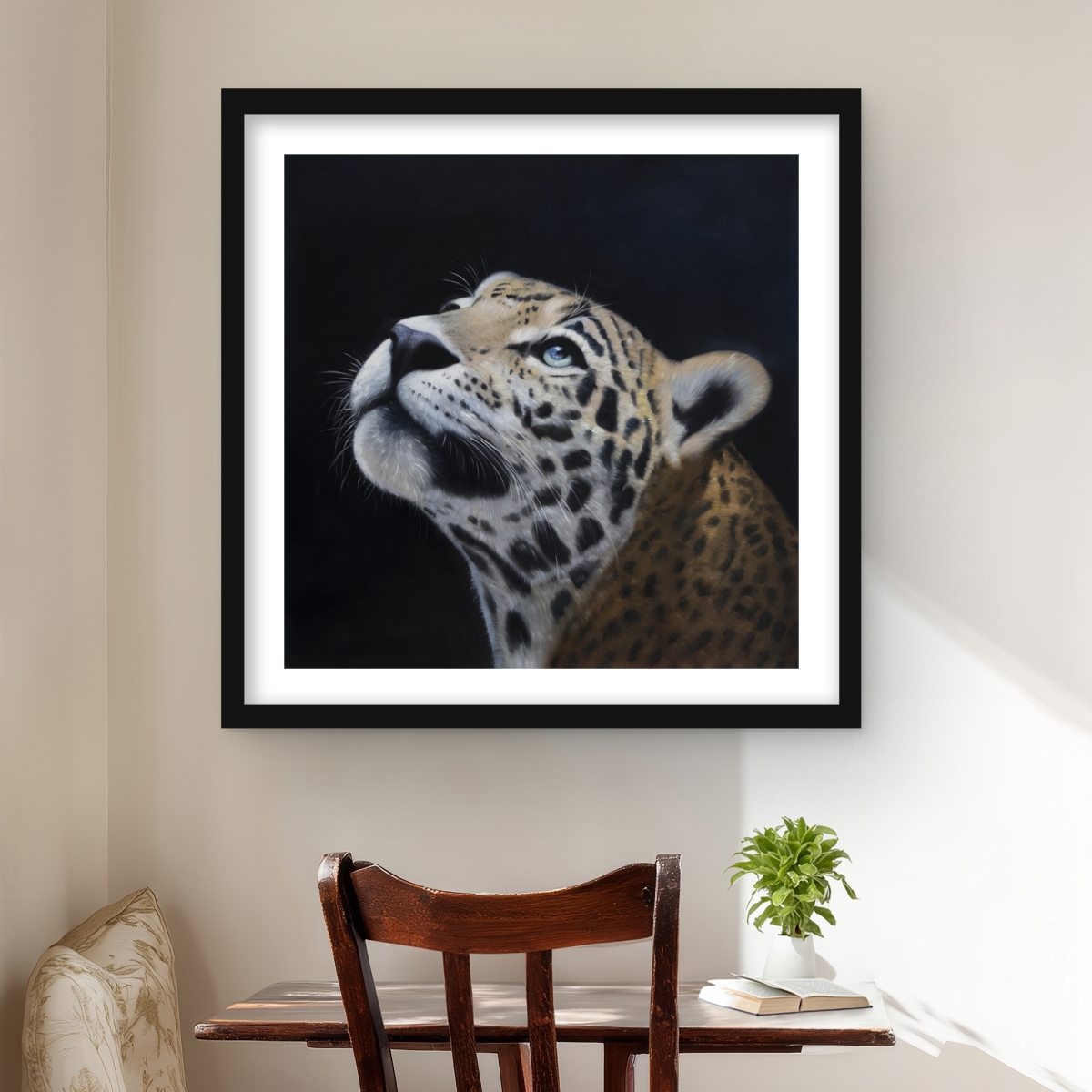 C1FM2424THLHVW 24 x 24 in. Realistic Leopard Face - Black Hyperrealist Framed Print Wall Art