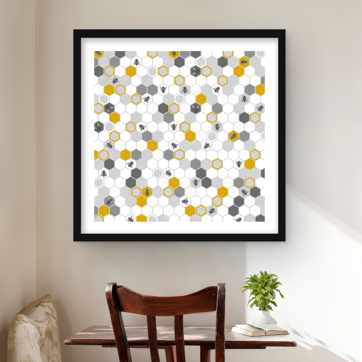 C1FM2424RWTZ95 24 x 24 in. Beehive Pattern - Gold Framed Matted Print Wall Art for Home Decor