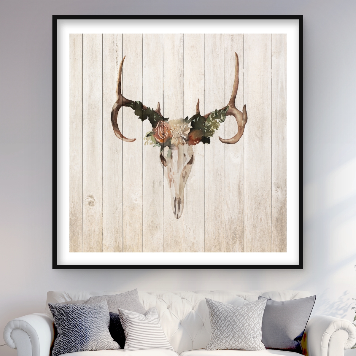 C1FM4848BJ85CP 48 x 48 in. Mule Deer Skull with Roses - Framed Matted Print Wall Art for Decor