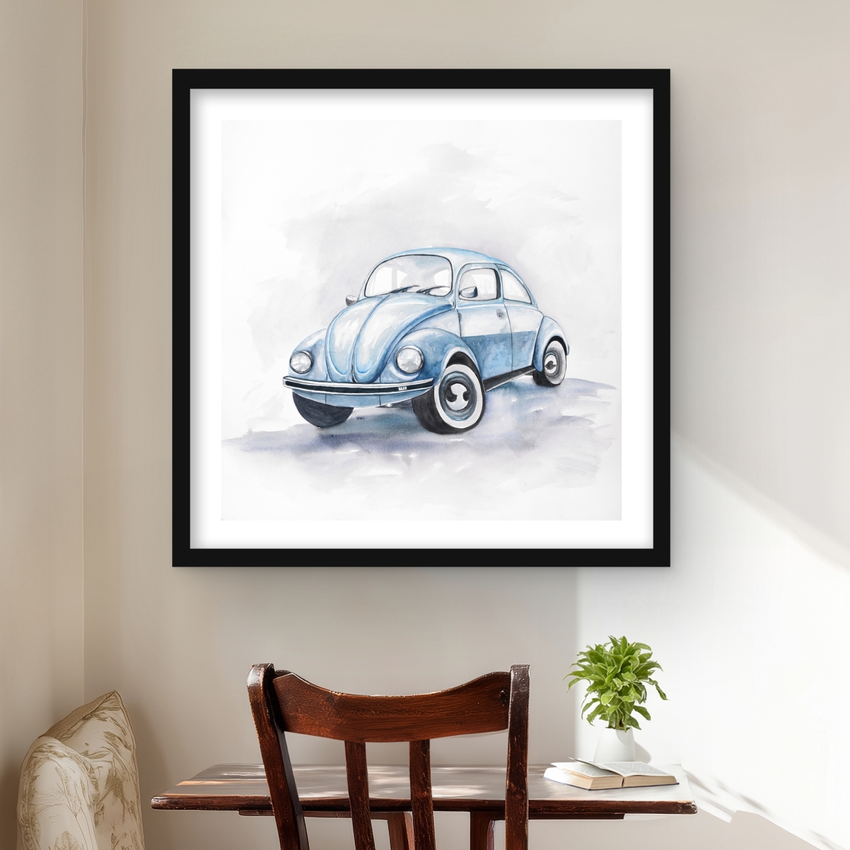 C1FM2424RMXGT9 24 x 24 in. Beetle Blue Car - Framed Matted Print Wall Art for Man Cave Decor