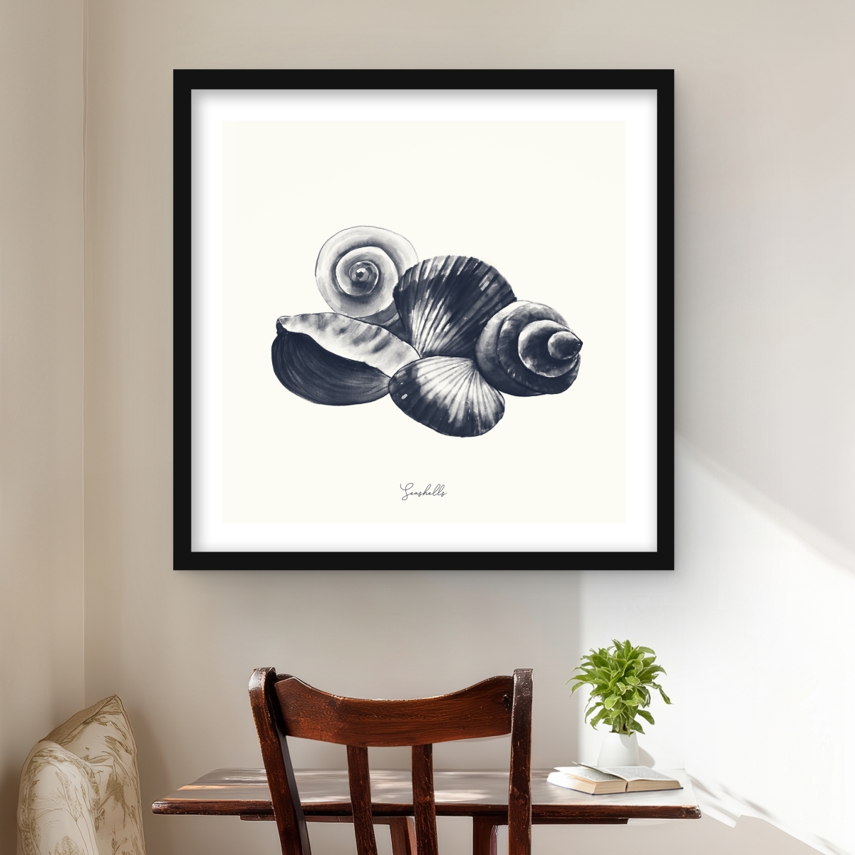 C1FM2424ZDVR1E 24 x 24 in. Blue Seaside Shells - Framed Matted Print Wall Art - Home Decor Art