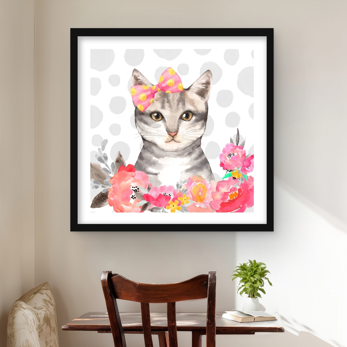 C1FM2424QBYS9I 24 x 24 in. Charming Cat - Framed Matted Print Wall Art for Kids Bedroom Decor