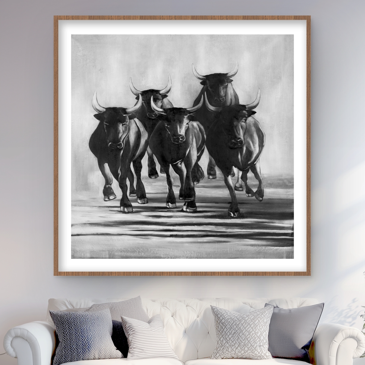 C1FM48489UTP3C 48 x 48 in. Group of Bulls At Galops - Rustic Framed Print Wall Art for Man Cave