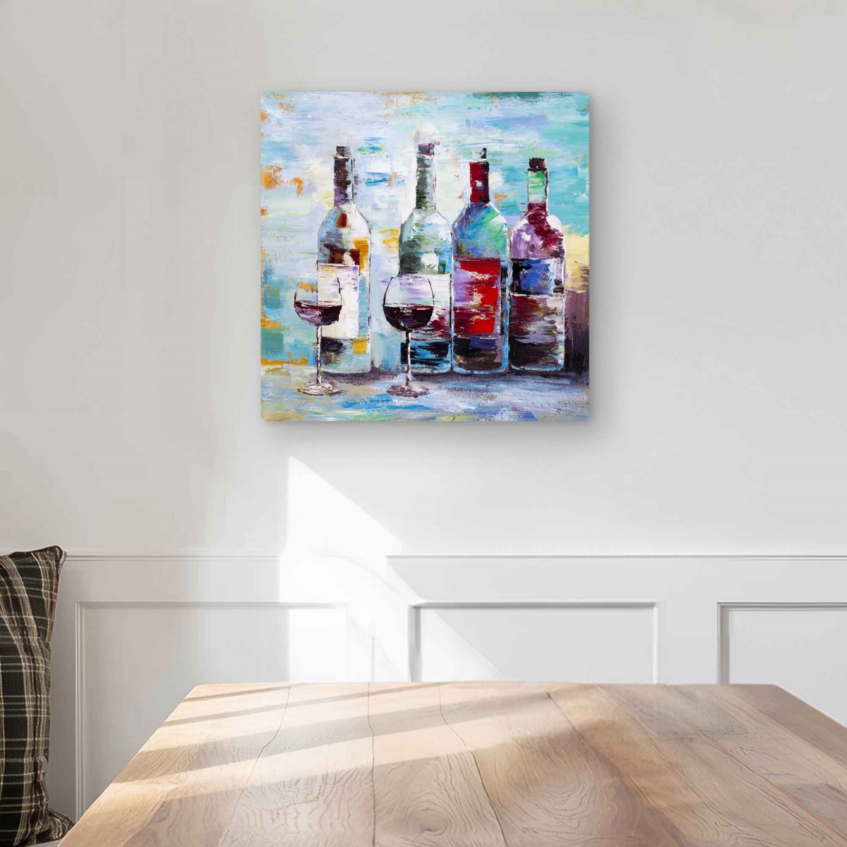 C1MP1616GUQD8G 16 x 16 in. Four Bottles of Wine Metal Print Wall Art - Kitchen Still Life Decor
