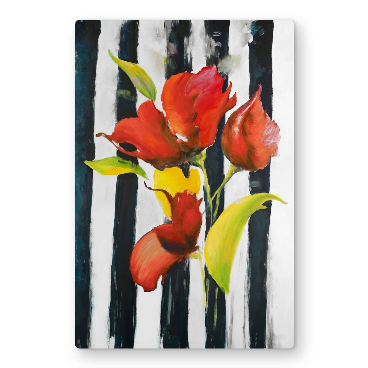C1MP1218BDHPB0 Flowers On Black & White Stripes Wall Art - Floral Metal Print - 12 x 18 in.