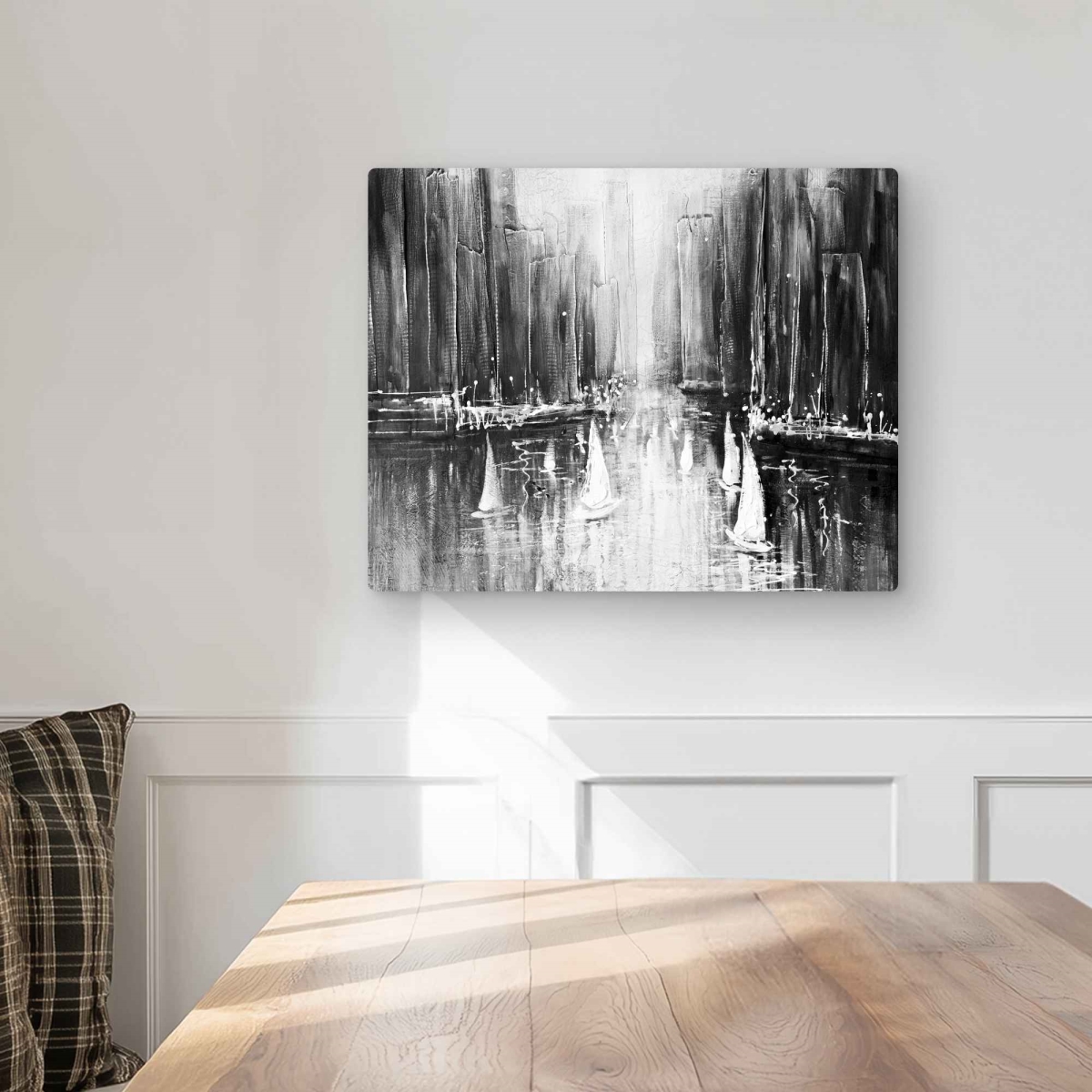 C1MP1620MQZEM5 16 x 20 in. Grayscale Boats on the Water Wall Art - Coastal White Metal Print