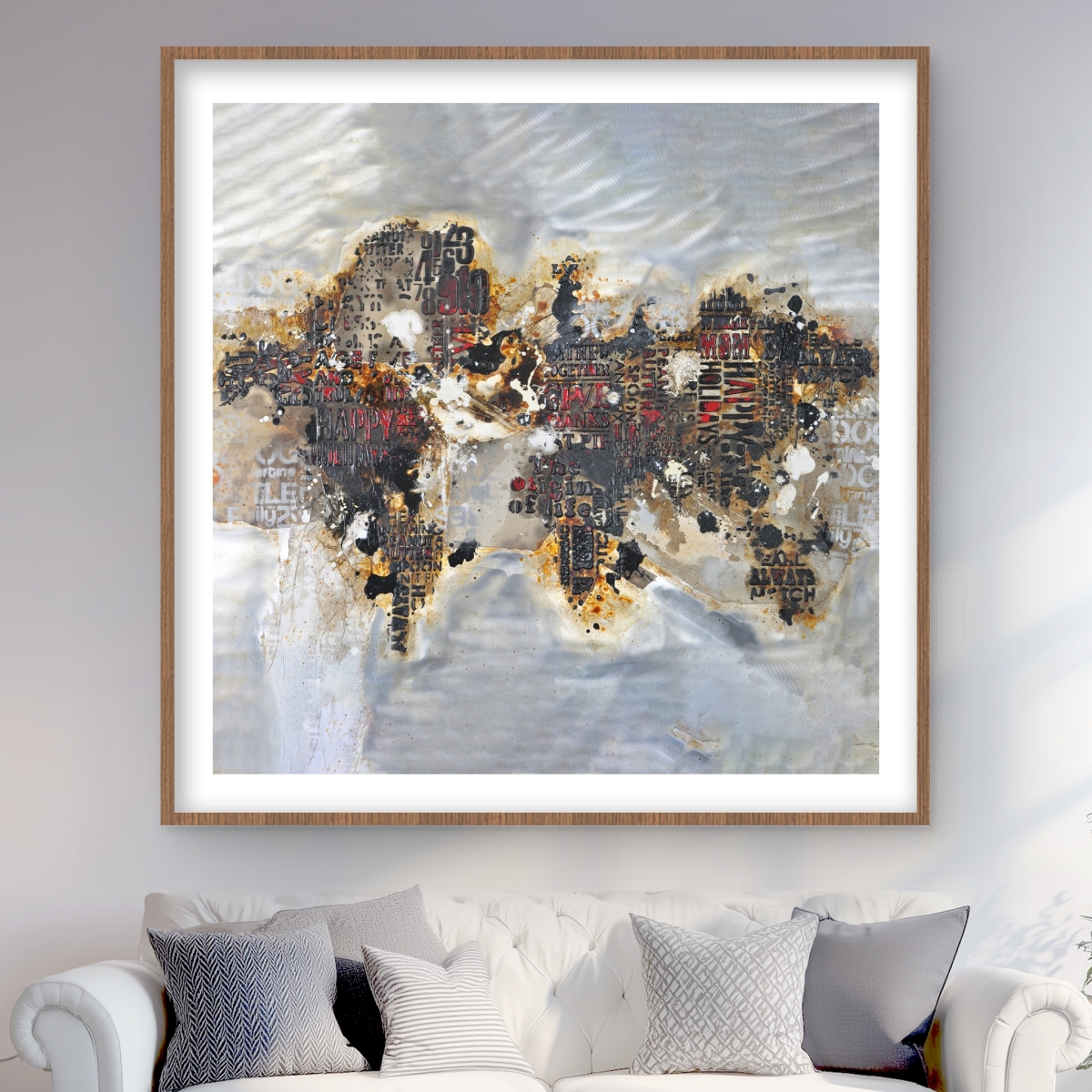 C1FM48487AKDWY 48 x 48 in. Texturized World Map with Typography - Framed Matted Print Wall Art