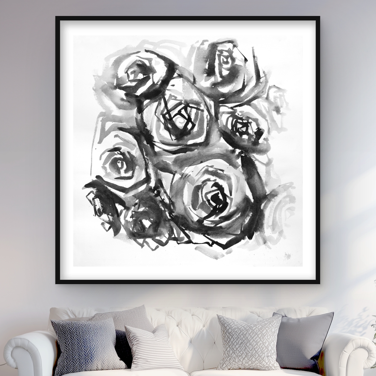 C1FM4848SIULLI 48 x 48 in. Monochrome Abstract Roses - Black & White Framed Print Wall Art