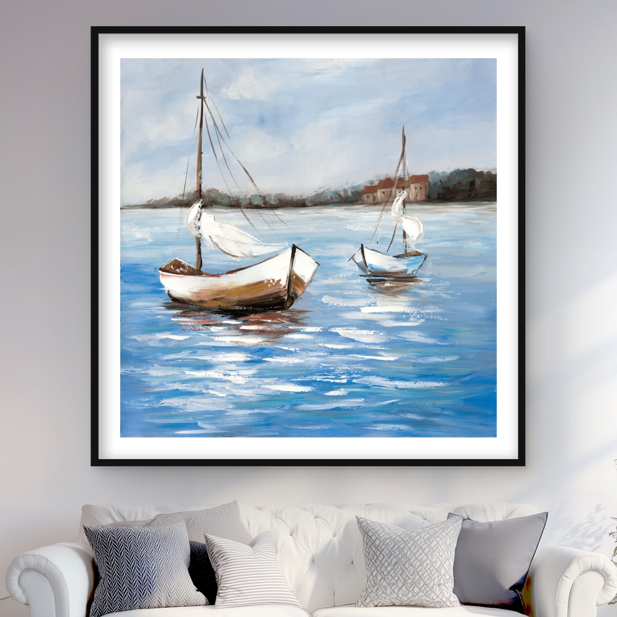 C1FM48488VRXCC 48 x 48 in. Two Boats on the Water - Framed Matted Print Wall Art for Home Decor