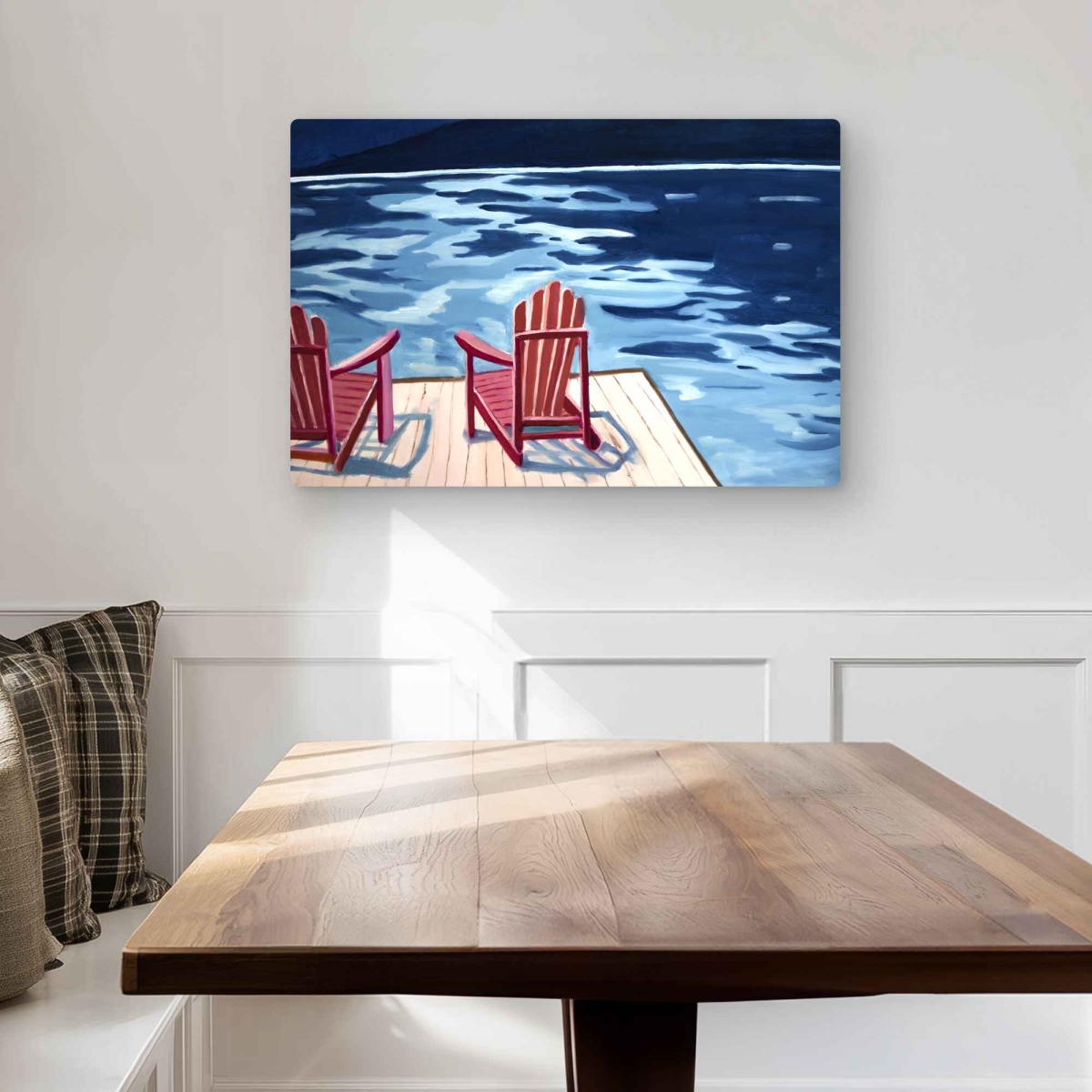 C1MP2030U8PTXO 20 x 30 in. Red Landscapes Metal Print Wall Art - Lake Dock Mountains Chairs