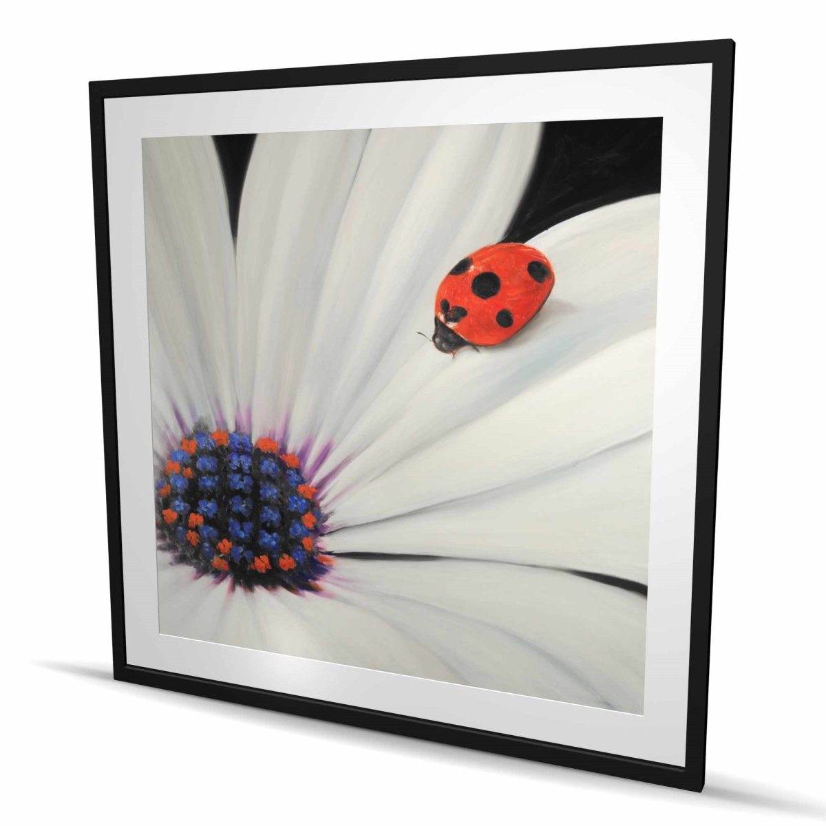 C1FM4848MMP993 48 x 48 in. White Daisy & Ladybug Print Wall Art - Floral Blue Framed Art