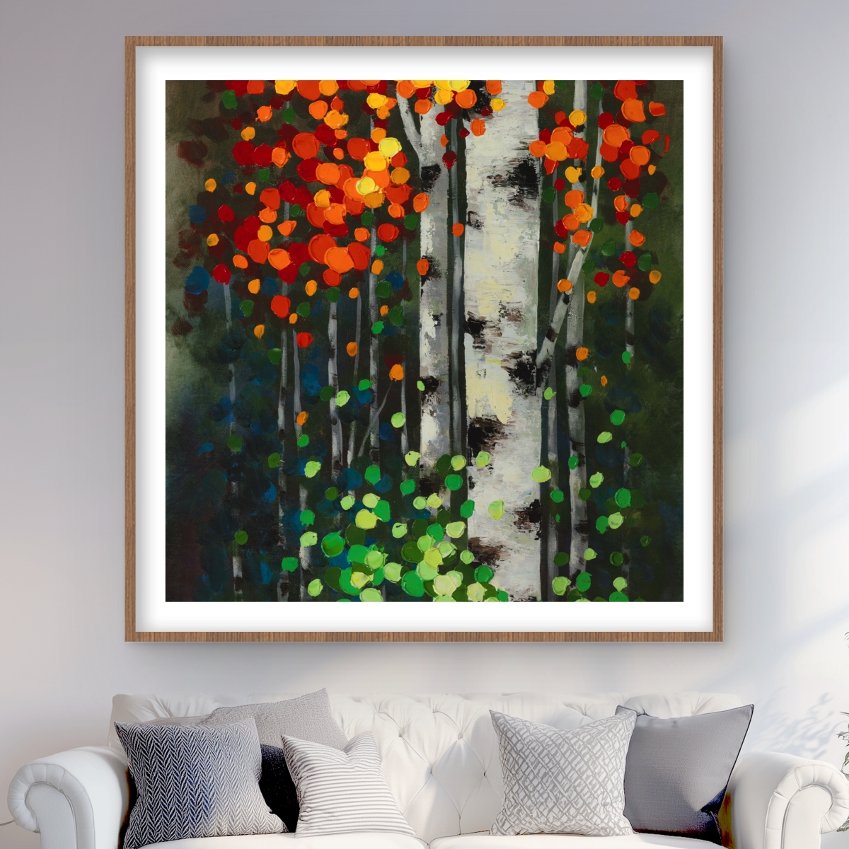 C1FM4848LU2M2C 48 x 48 in. Birch with Two-Tone Leaves - Framed Matted Print Wall Art for Bedroom