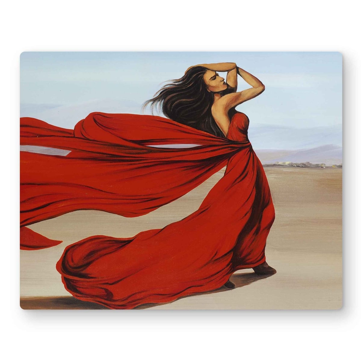 C1MP162073FS1J 16 x 20 in. Woman In Long Red Dress Desert Metal Print Wall Art - Home Decor