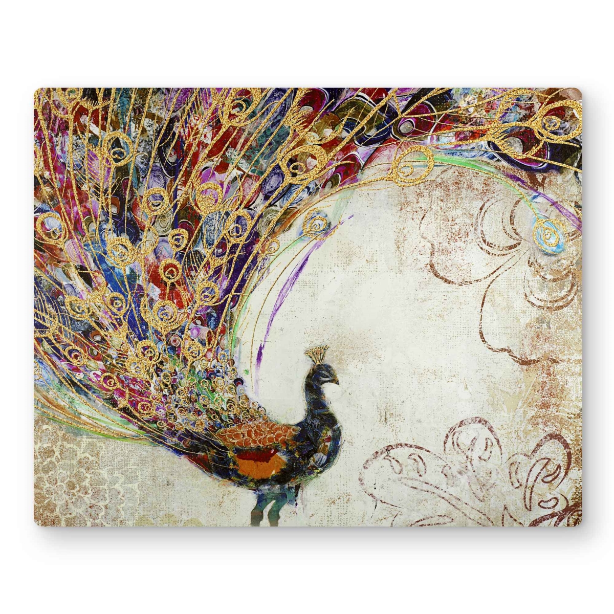 C1MP1620IPT5M9 16 x 20 in. Peacock with Gold Feathers Wall Art - Beige Metal Print